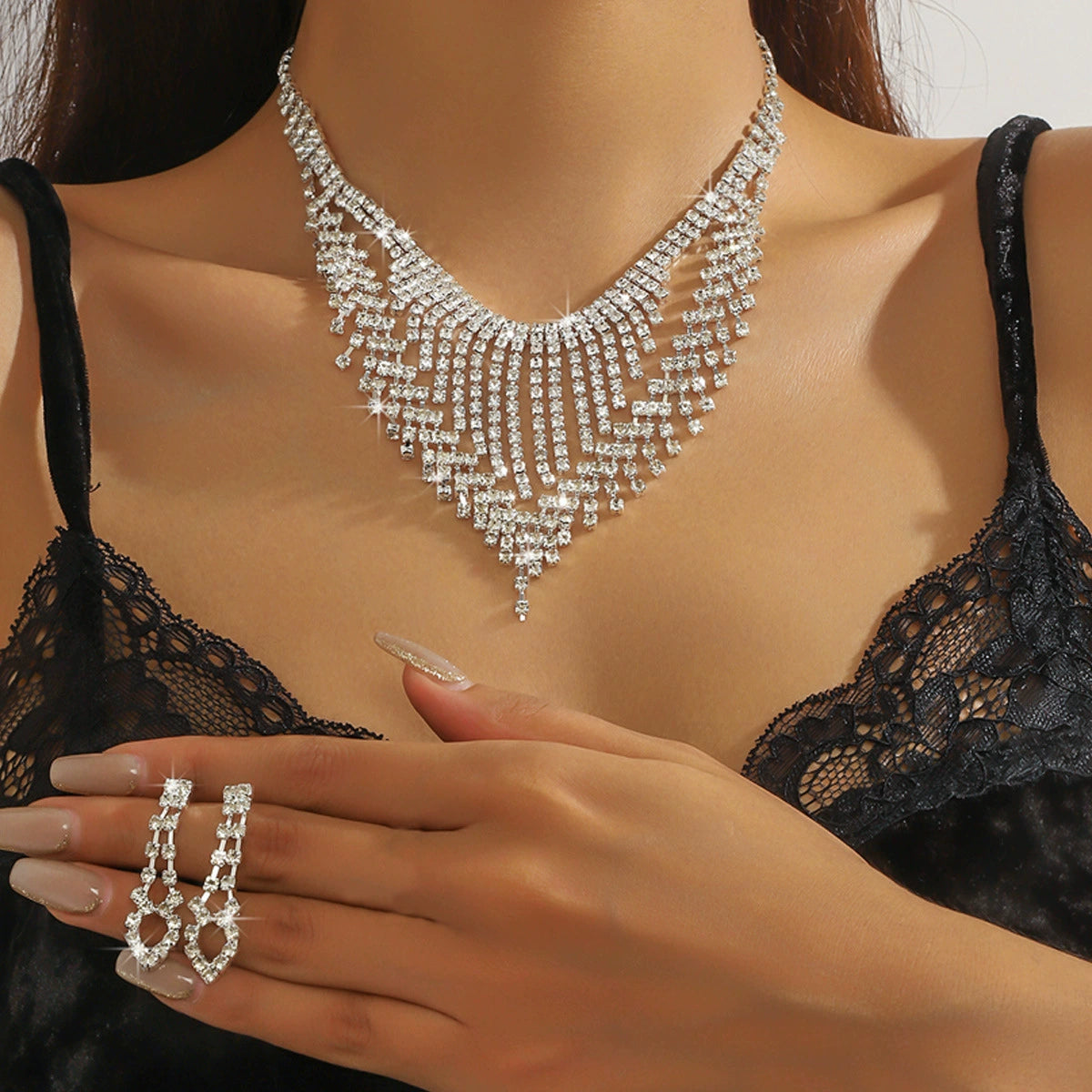 Rhinestone Necklace and Earring Jewelry Set