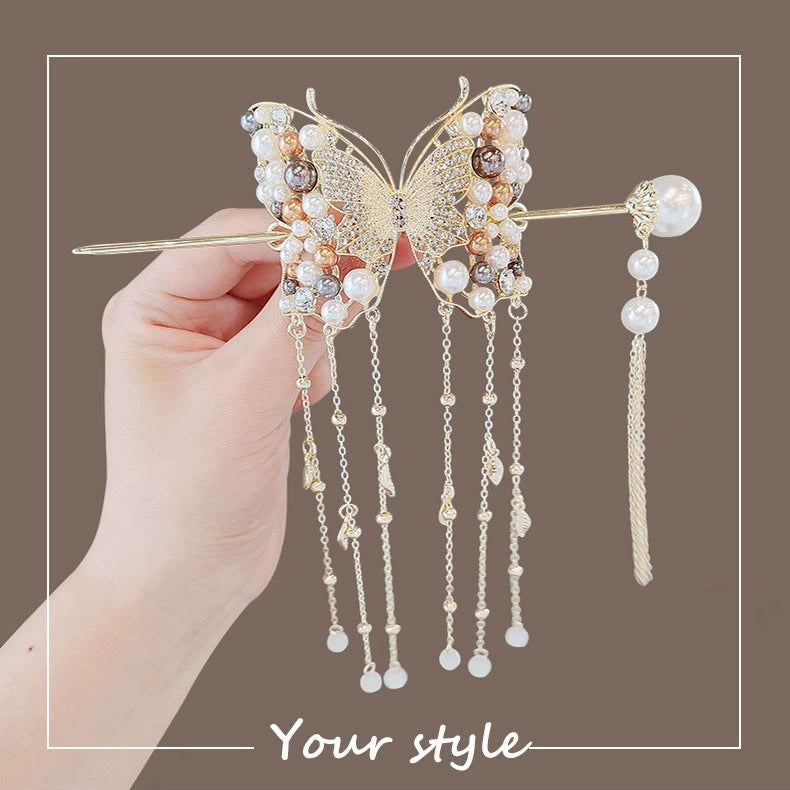 Pearl Butterfly Hairpin with Tassel