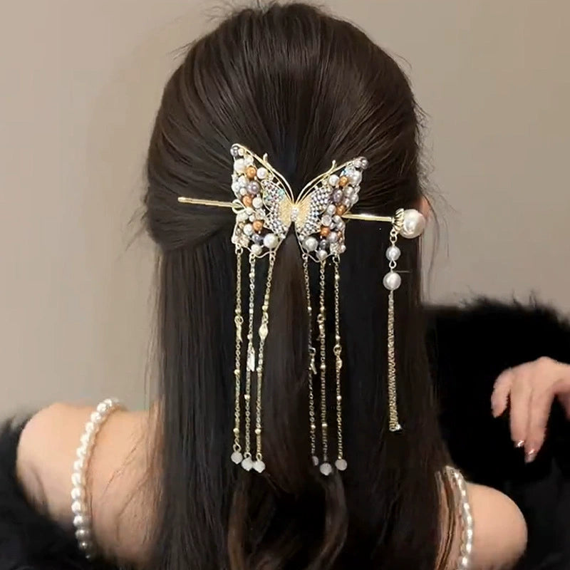 Pearl Butterfly Hairpin with Tassel