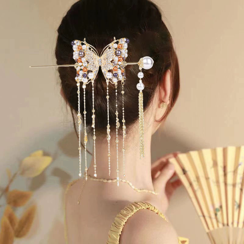 Pearl Butterfly Hairpin with Tassel