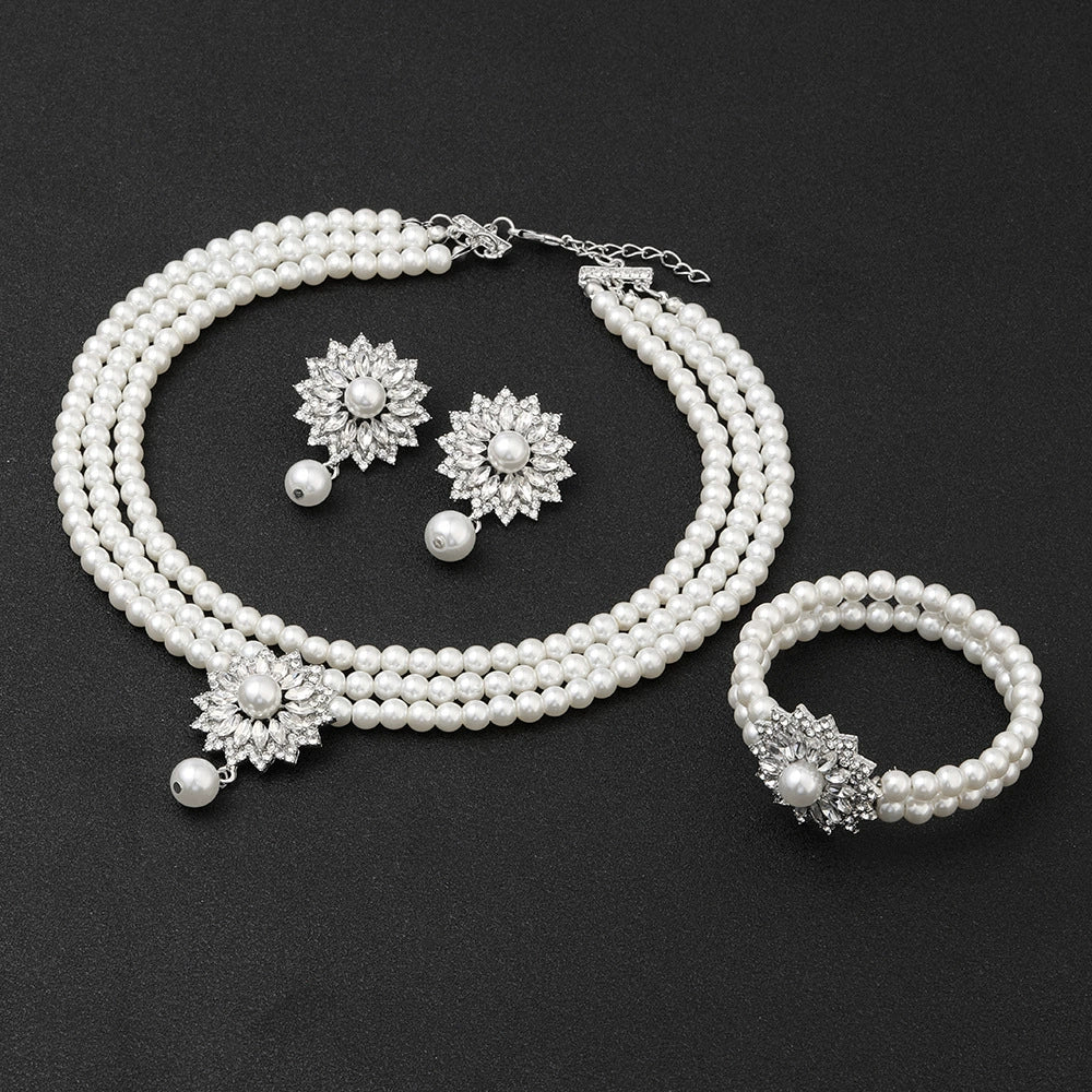Elegant flower pearl necklace bracelet earrings set for women - ALL GIFTS FACTORY