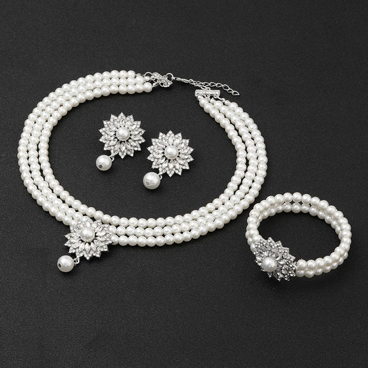 Elegant flower pearl necklace bracelet earrings set for women - ALL GIFTS FACTORY