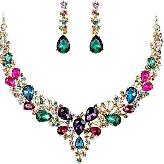 Aurora Borealis Crystal Necklace and Earrings Set – Iridescent Rhinestone Jewelry for Women, Bridal & Evening Accessories - ALL GIFTS FACTORY