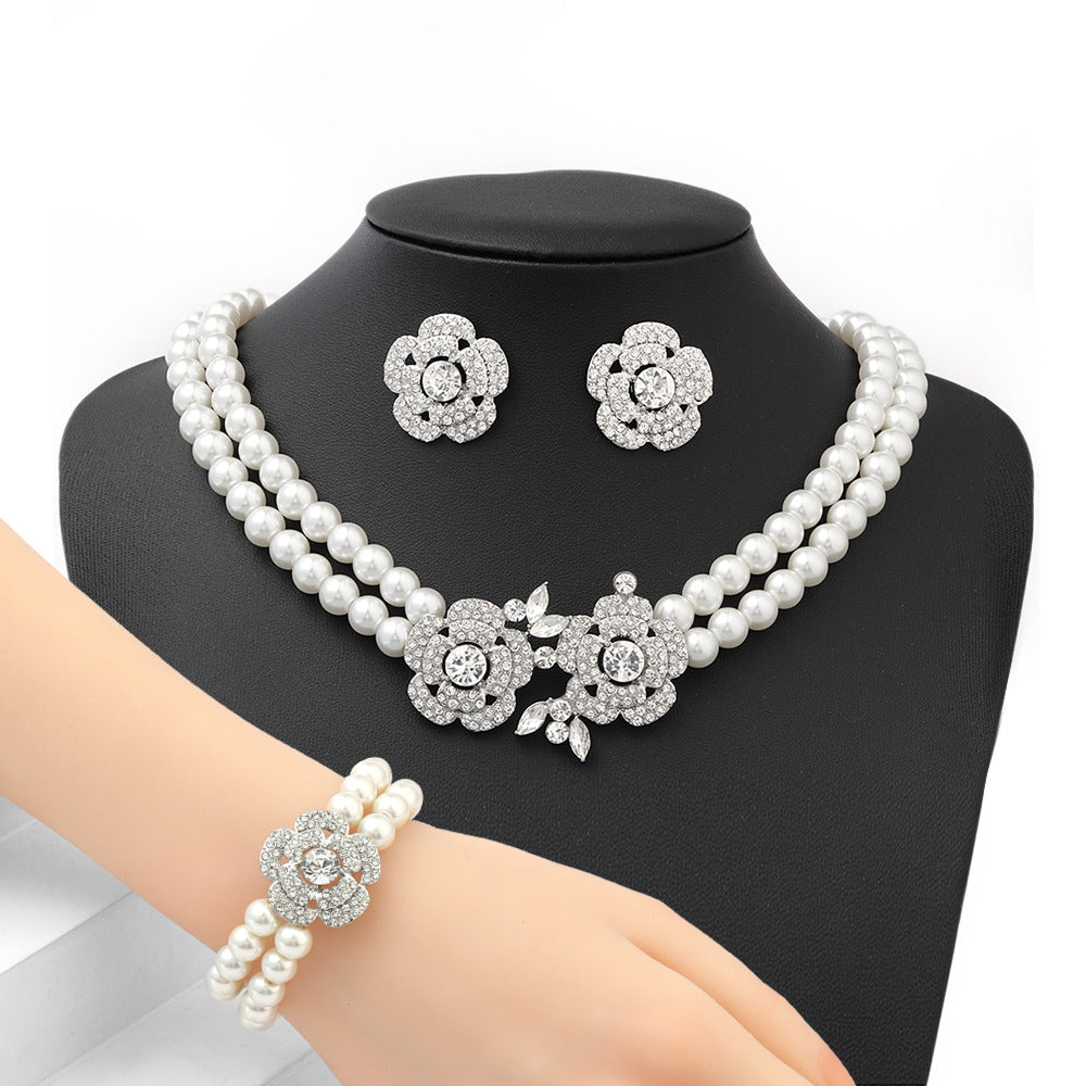 Elegant flower pearl necklace bracelet earrings set for women - ALL GIFTS FACTORY