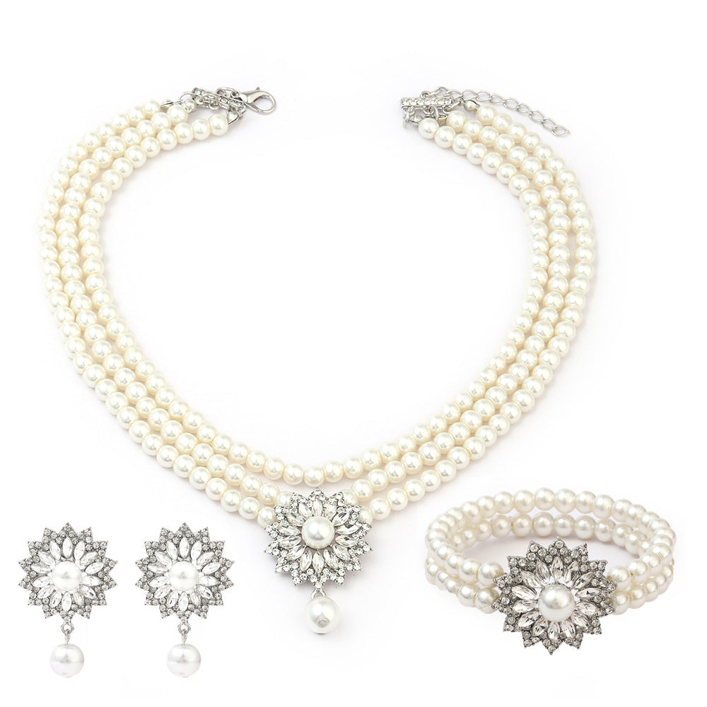 Elegant flower pearl necklace bracelet earrings set for women - ALL GIFTS FACTORY