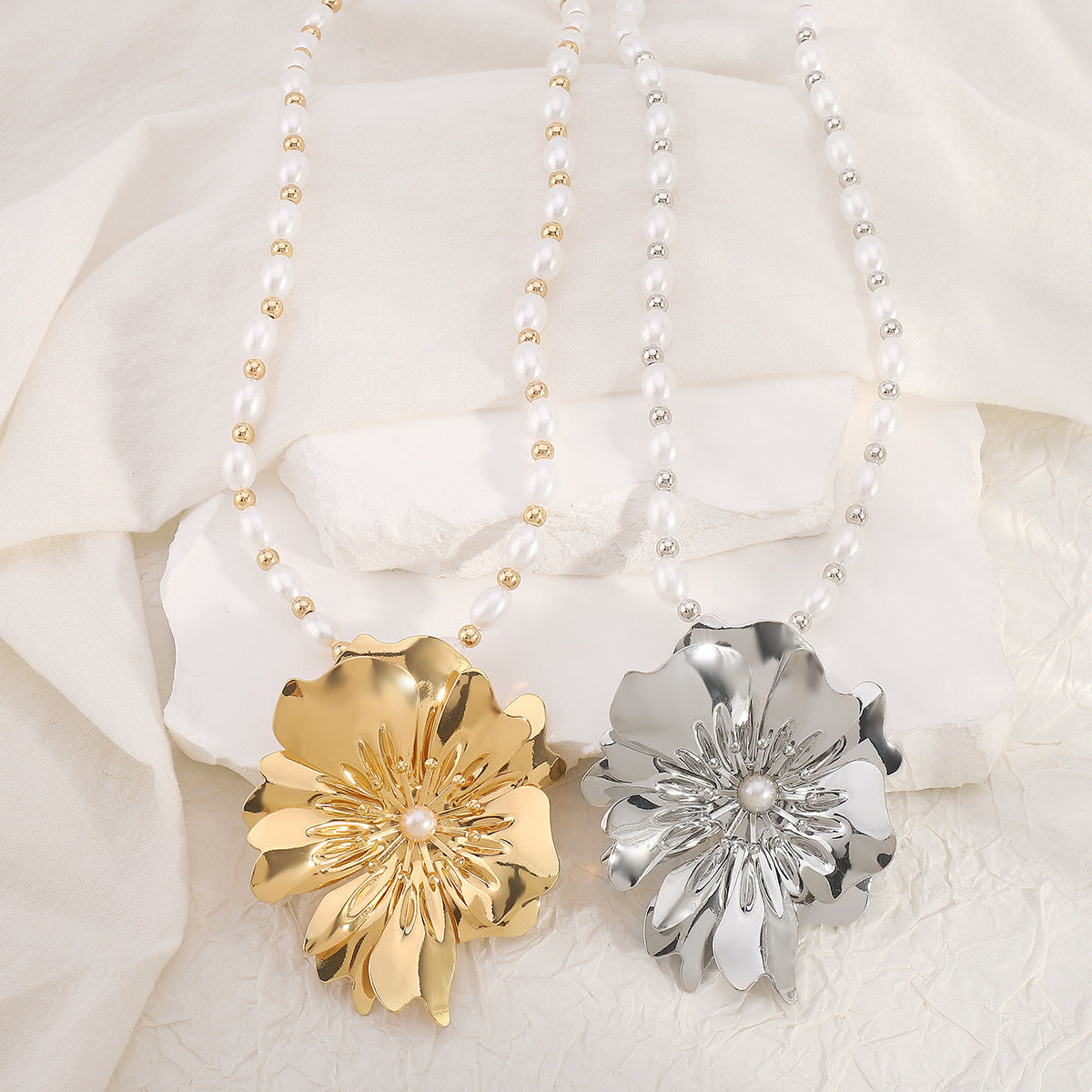 Vintage Metal Flower Necklace – Statement Faux Pearl Jewelry - ALL GIFTS FACTORY