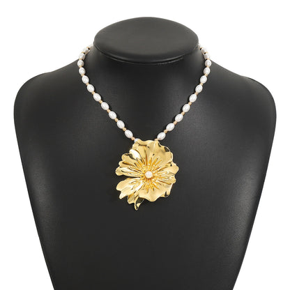 Vintage Metal Flower Necklace – Statement Faux Pearl Jewelry - ALL GIFTS FACTORY
