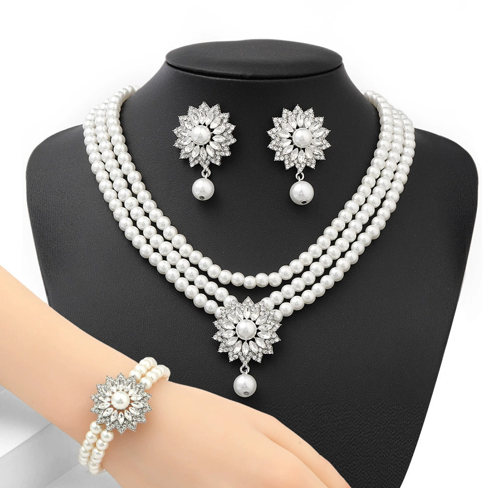Elegant flower pearl necklace bracelet earrings set for women - ALL GIFTS FACTORY
