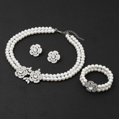 Elegant flower pearl necklace bracelet earrings set for women - ALL GIFTS FACTORY