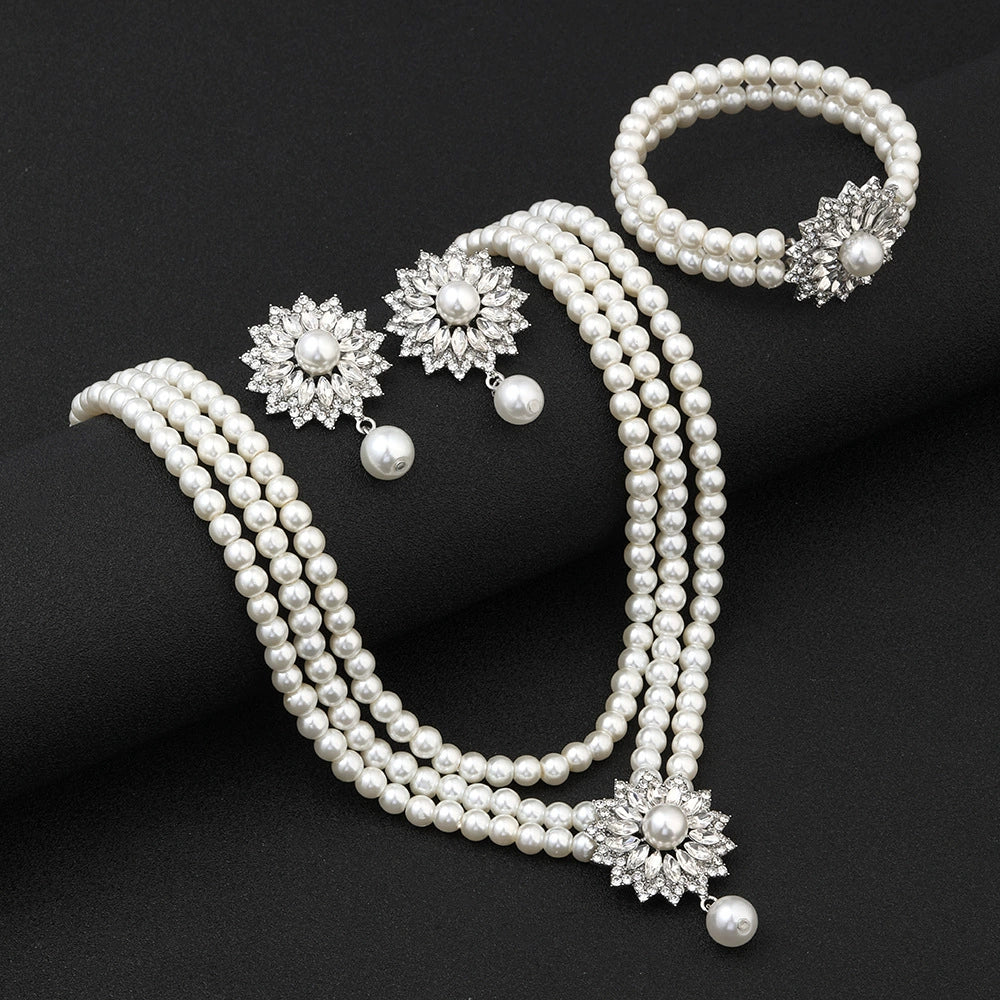 Elegant flower pearl necklace bracelet earrings set for women - ALL GIFTS FACTORY