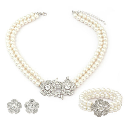 Elegant flower pearl necklace bracelet earrings set for women - ALL GIFTS FACTORY