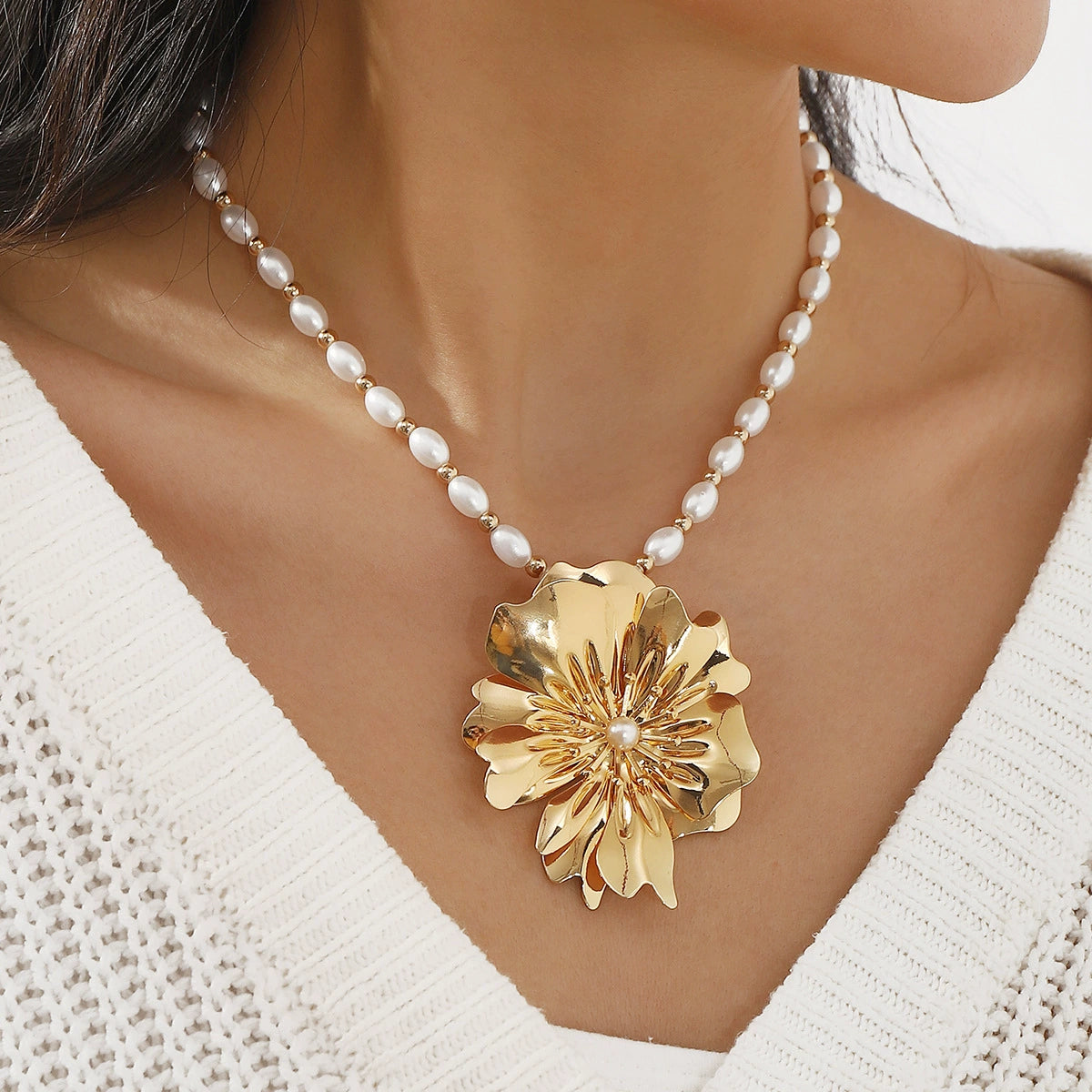 Vintage Metal Flower Necklace – Statement Faux Pearl Jewelry - ALL GIFTS FACTORY