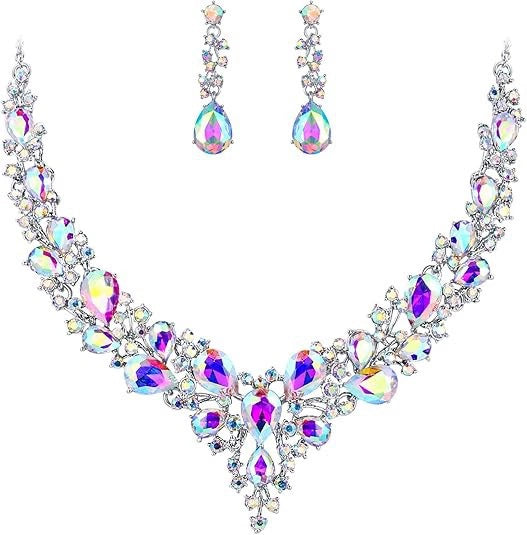 Aurora Borealis Crystal Necklace and Earrings Set – Iridescent Rhinestone Jewelry for Women, Bridal & Evening Accessories - ALL GIFTS FACTORY