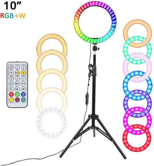10" RGB LED Ring Light Selfie Photographic Lighting Colorful Ring Lamp Dimmable with Control Stand for TikTok Youtube Vlog Live