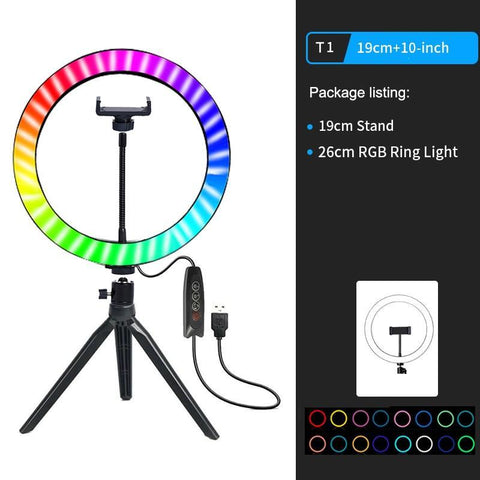 Image of 10" RGB LED Ring Light Selfie Photographic Lighting Colorful Ring Lamp Dimmable with Control Stand for TikTok Youtube Vlog Live