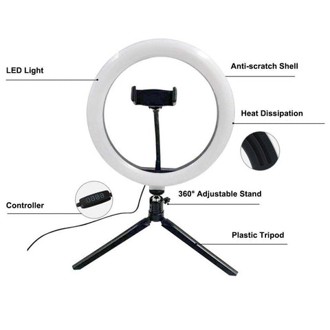 Image of 26cm LED Ring Light 10 Inch Dimmable Selfie Lamp with Tripod Photography Camera Phone Light for Makeup Video Live