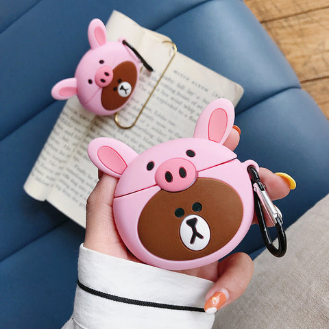 Image of Brown bear with pig hat wireless earphones box for Apple Airpods - ALL GIFTS FACTORY