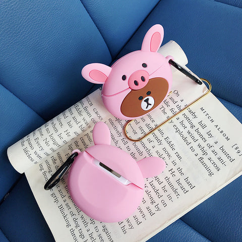 Image of Brown bear with pig hat wireless earphones box for Apple Airpods - ALL GIFTS FACTORY