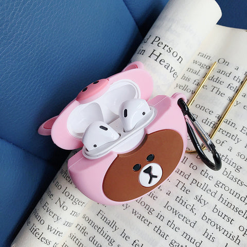 Image of Brown bear with pig hat wireless earphones box for Apple Airpods - ALL GIFTS FACTORY