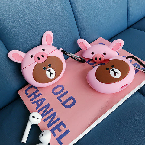 Image of Brown bear with pig hat wireless earphones box for Apple Airpods - ALL GIFTS FACTORY