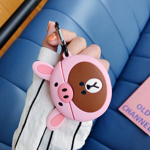 Image of Brown bear with pig hat wireless earphones box for Apple Airpods - ALL GIFTS FACTORY