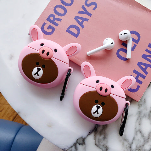 Image of Brown bear with pig hat wireless earphones box for Apple Airpods - ALL GIFTS FACTORY