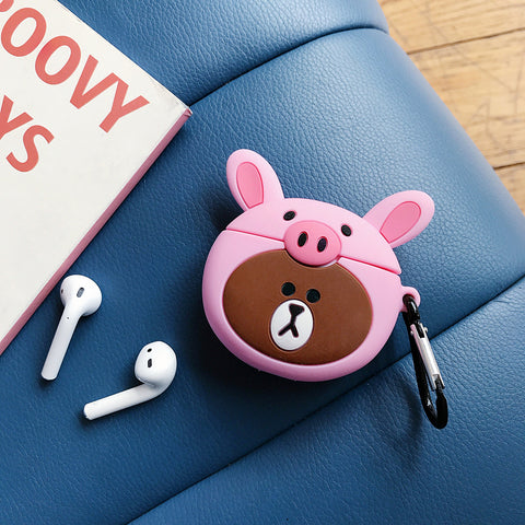 Image of Brown bear with pig hat wireless earphones box for Apple Airpods - ALL GIFTS FACTORY