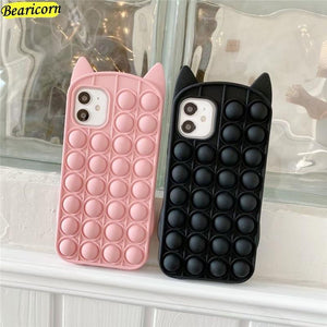 Pop Fidget Toys Push It Bubble Silicone Beans Case For iPhone Cartoon Cat Kitty Cover