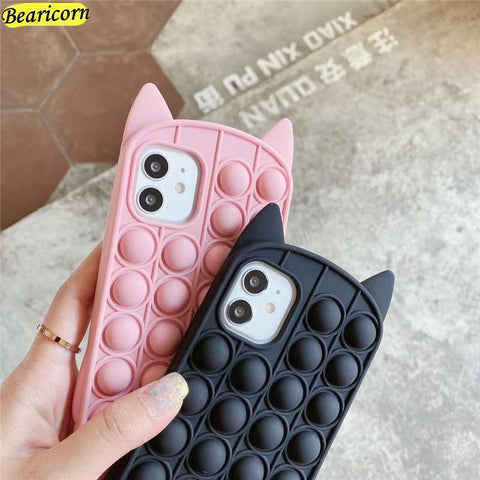 Image of Pop Fidget Toys Push It Bubble Silicone Beans Case For iPhone Cartoon Cat Kitty Cover