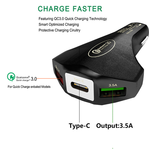 Image of QC 3.0 3 Port USB Fast Charging Car Charger - ALL GIFTS FACTORY